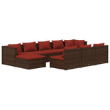 10 Piece Garden Lounge Set with Cushions Brown Poly Rattan - Front View
