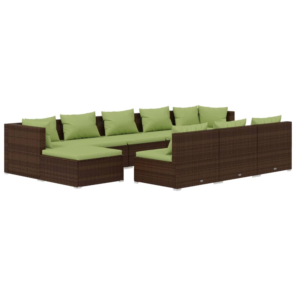 10 Piece Garden Lounge Set with Cushions Brown Poly Rattan
