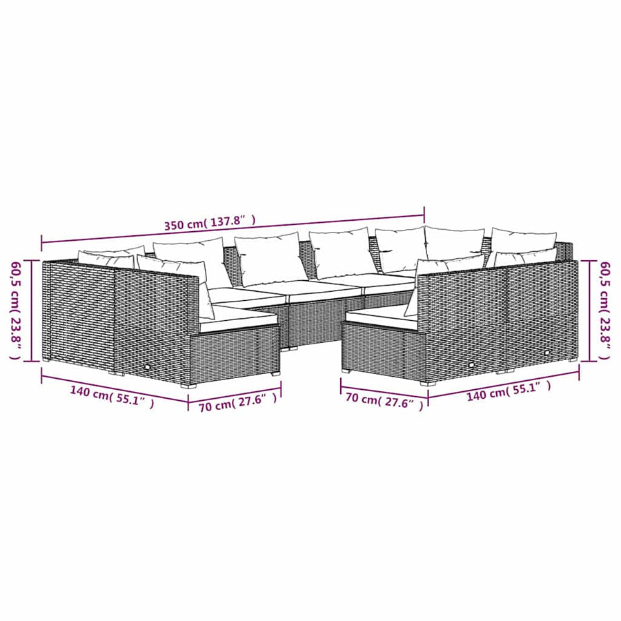 9 Piece Garden Lounge Set with Cushions Grey Poly Rattan
