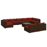 10 Piece Garden Lounge Set with Cushions Brown Poly Rattan - Front View