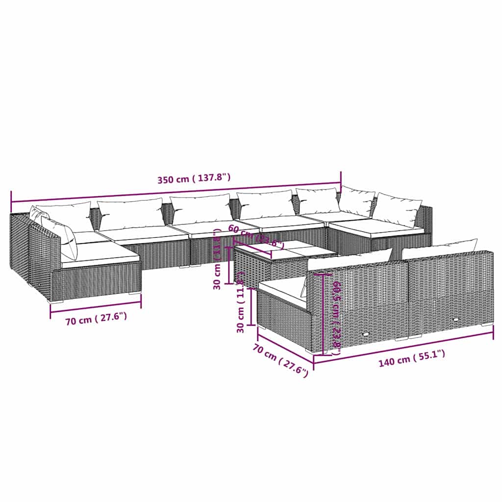10 Piece Garden Lounge Set with Cushions Grey Poly Rattan