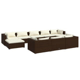 10 Piece Garden Lounge Set with Cushions Brown Poly Rattan - Front View