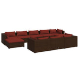 10 Piece Garden Lounge Set with Cushions Brown Poly Rattan - Front View