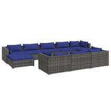 10 Piece Garden Lounge Set with Cushions Grey Poly Rattan - Front View