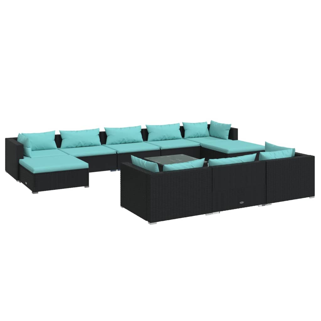 11 Piece Garden Lounge Set with Cushions Black Poly Rattan