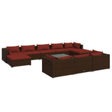 11 Piece Garden Lounge Set with Cushions Brown Poly Rattan - Front View
