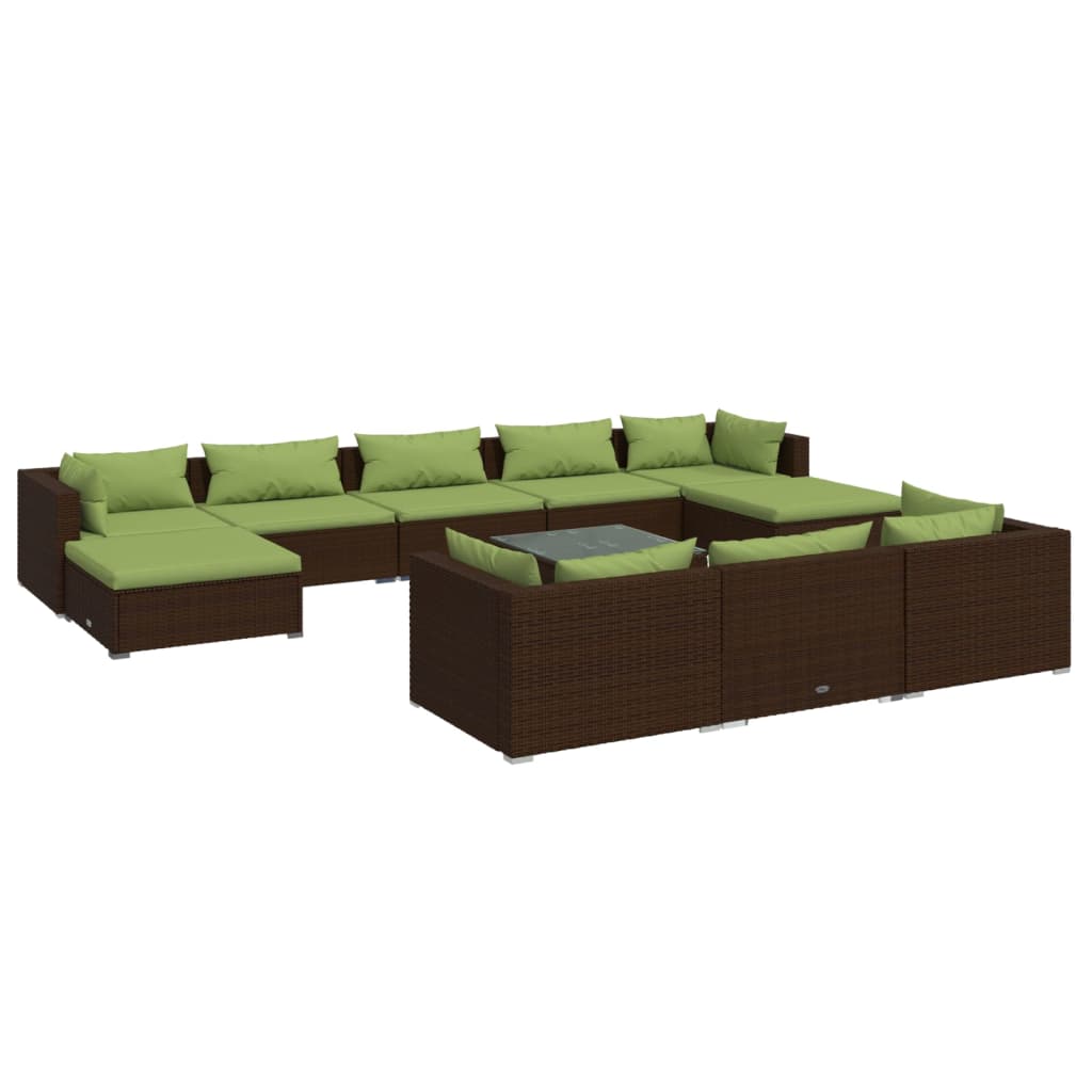 11 Piece Garden Lounge Set with Cushions Brown Poly Rattan