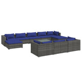 11 Piece Garden Lounge Set with Cushions Grey Poly Rattan - Front View