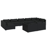 9 Piece Garden Lounge Set with Cushions Black Poly Rattan - Front View