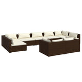 9 Piece Garden Lounge Set with Cushions Brown Poly Rattan - Front View