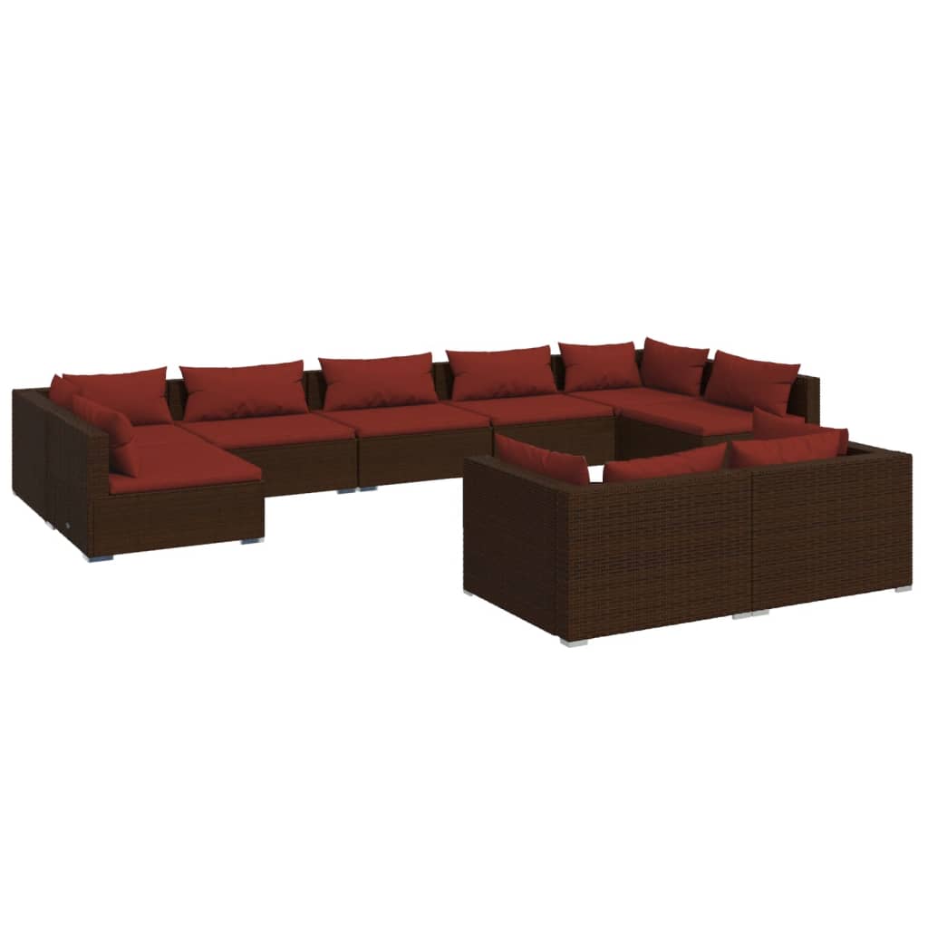 9 Piece Garden Lounge Set with Cushions Brown Poly Rattan