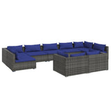 9 Piece Garden Lounge Set with Cushions Grey Poly Rattan - Front View