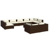 10 Piece Garden Lounge Set with Cushions Brown Poly Rattan - Front View