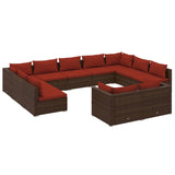11 Piece Garden Lounge Set with Cushions Brown Poly Rattan - Front View