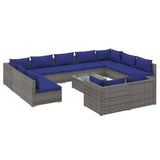 12 Piece Garden Lounge Set with Cushions Grey Poly Rattan - Front View