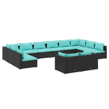 12 Piece Garden Lounge Set with Cushions Black Poly Rattan - Front View