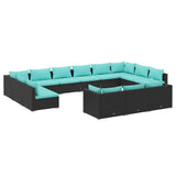 13 Piece Garden Lounge Set with Cushions Black Poly Rattan - Front View