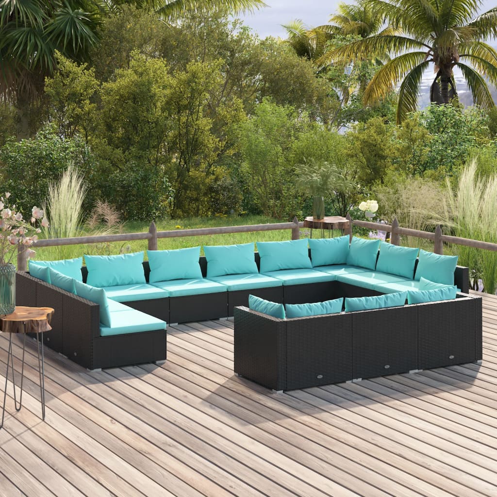13 Piece Garden Lounge Set with Cushions Black Poly Rattan