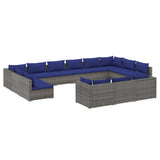 13 Piece Garden Lounge Set with Cushions Grey Poly Rattan - Front View