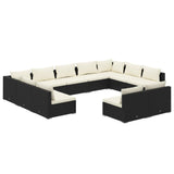 11 Piece Garden Lounge Set with Cushions Black Poly Rattan - Front View