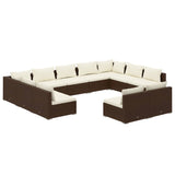 11 Piece Garden Lounge Set with Cushions Brown Poly Rattan - Front View