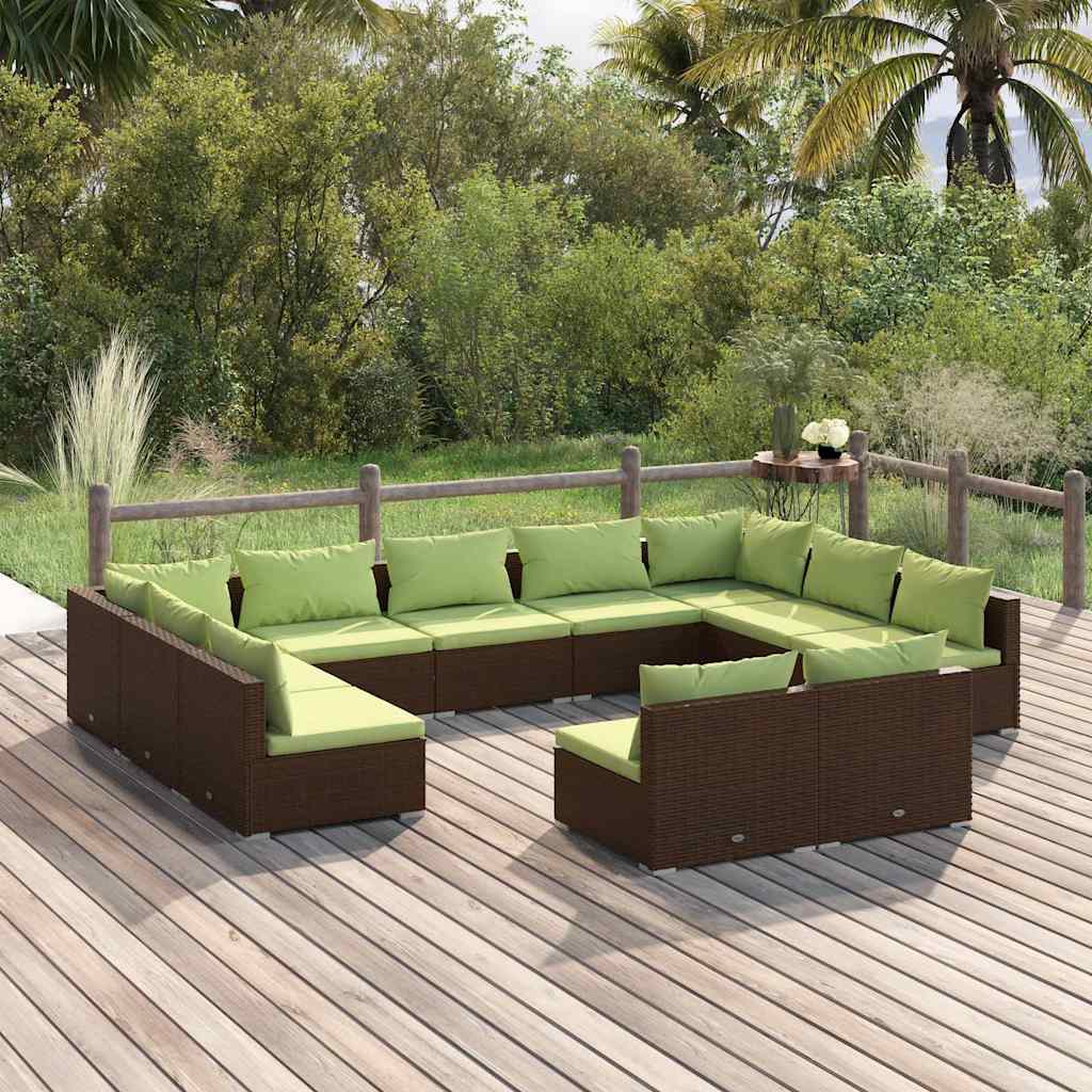 11 Piece Garden Lounge Set with Cushions Brown Poly Rattan