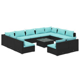 12 Piece Garden Lounge Set with Cushions Black Poly Rattan - Front View