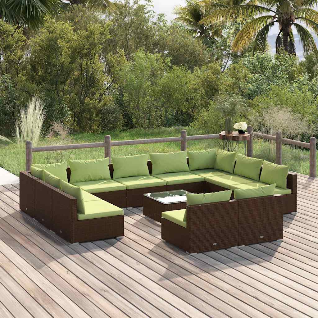 12 Piece Garden Lounge Set with Cushions Brown Poly Rattan