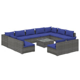 12 Piece Garden Lounge Set with Cushions Grey Poly Rattan