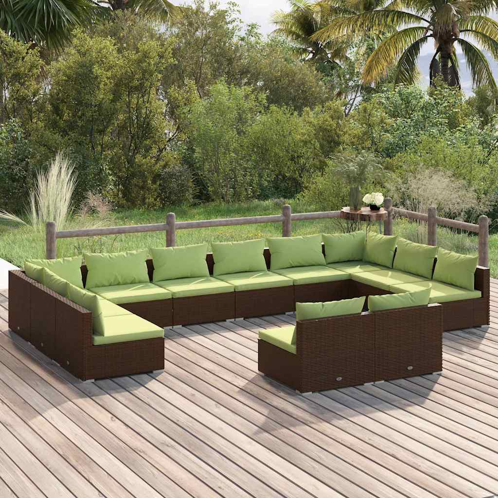 12 Piece Garden Lounge Set with Cushions Brown Poly Rattan