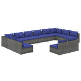 12 Piece Garden Lounge Set with Cushions Grey Poly Rattan - Front View