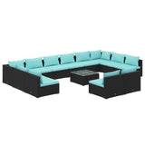 13 Piece Garden Lounge Set with Cushions Black Poly Rattan - Front View