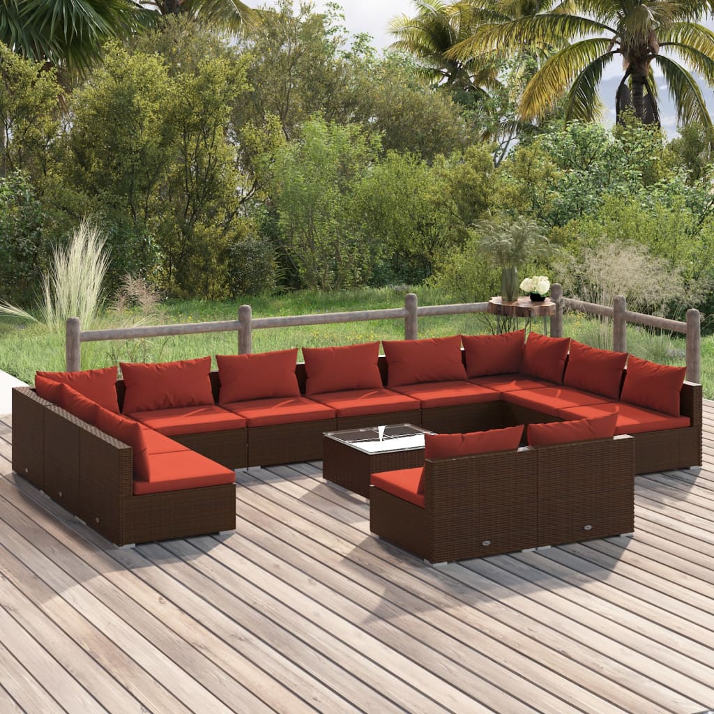 13 Piece Garden Lounge Set with Cushions Brown Poly Rattan