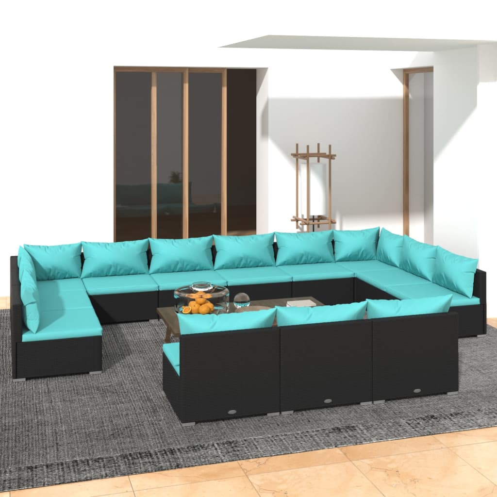 13 Piece Garden Lounge Set with Cushions Black Poly Rattan