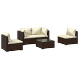 5 Piece Garden Lounge Set with Cushions Poly Rattan Brown - Front View