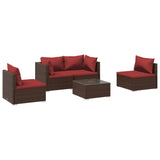 5 Piece Garden Lounge Set with Cushions Poly Rattan Brown - Front View