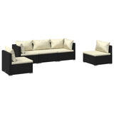 5 Piece Garden Lounge Set with Cushions Poly Rattan Black - Front View