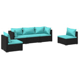 5 Piece Garden Lounge Set with Cushions Poly Rattan Black - Front View