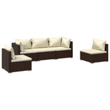 5 Piece Garden Lounge Set with Cushions Poly Rattan Brown - Front View