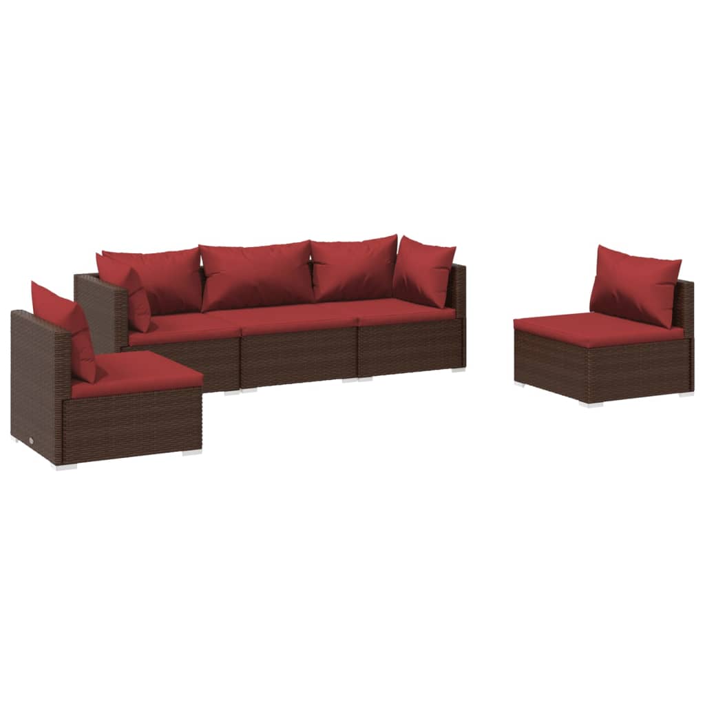 5 Piece Garden Lounge Set with Cushions Poly Rattan Brown