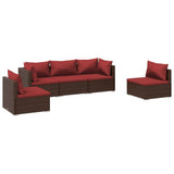 5 Piece Garden Lounge Set with Cushions Poly Rattan Brown - Front View