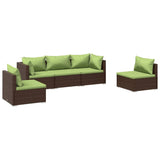 5 Piece Garden Lounge Set with Cushions Poly Rattan Brown - Front View