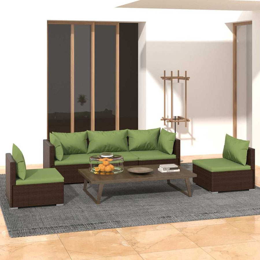 5 Piece Garden Lounge Set with Cushions Poly Rattan Brown