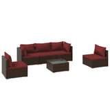 6 Piece Garden Lounge Set with Cushions Poly Rattan Brown - Front View