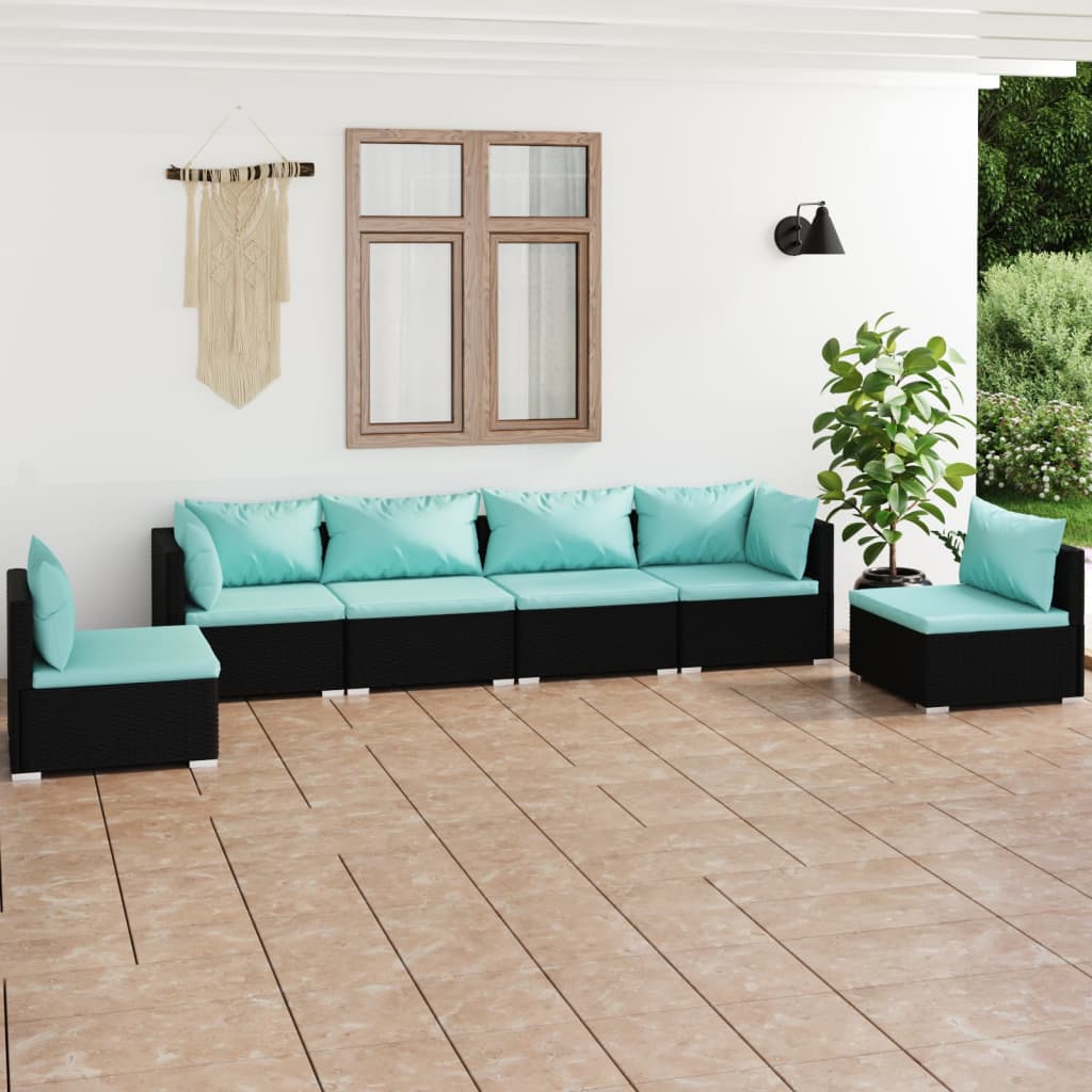 6 Piece Garden Lounge Set with Cushions Poly Rattan Black