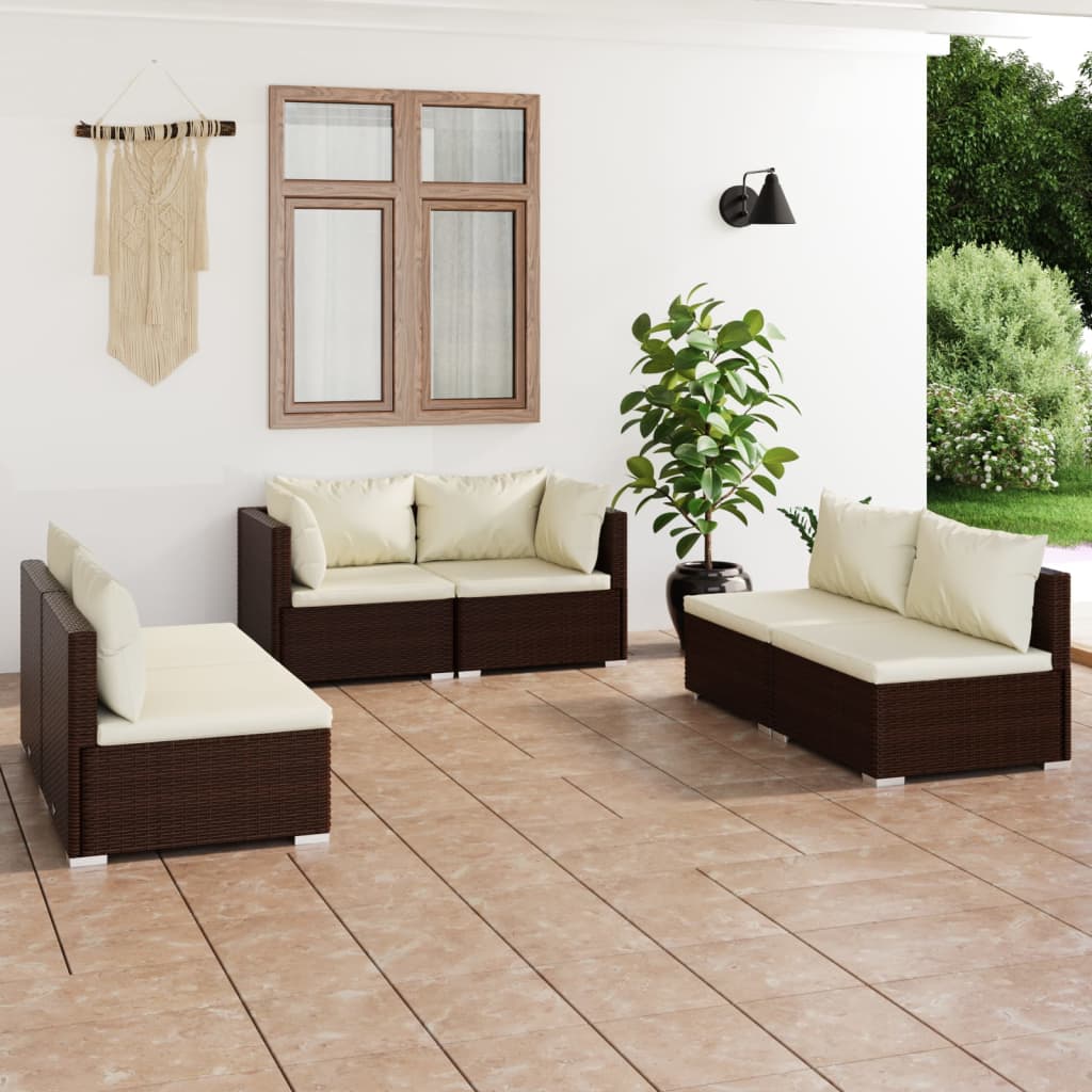 6 Piece Garden Lounge Set with Cushions Poly Rattan Brown