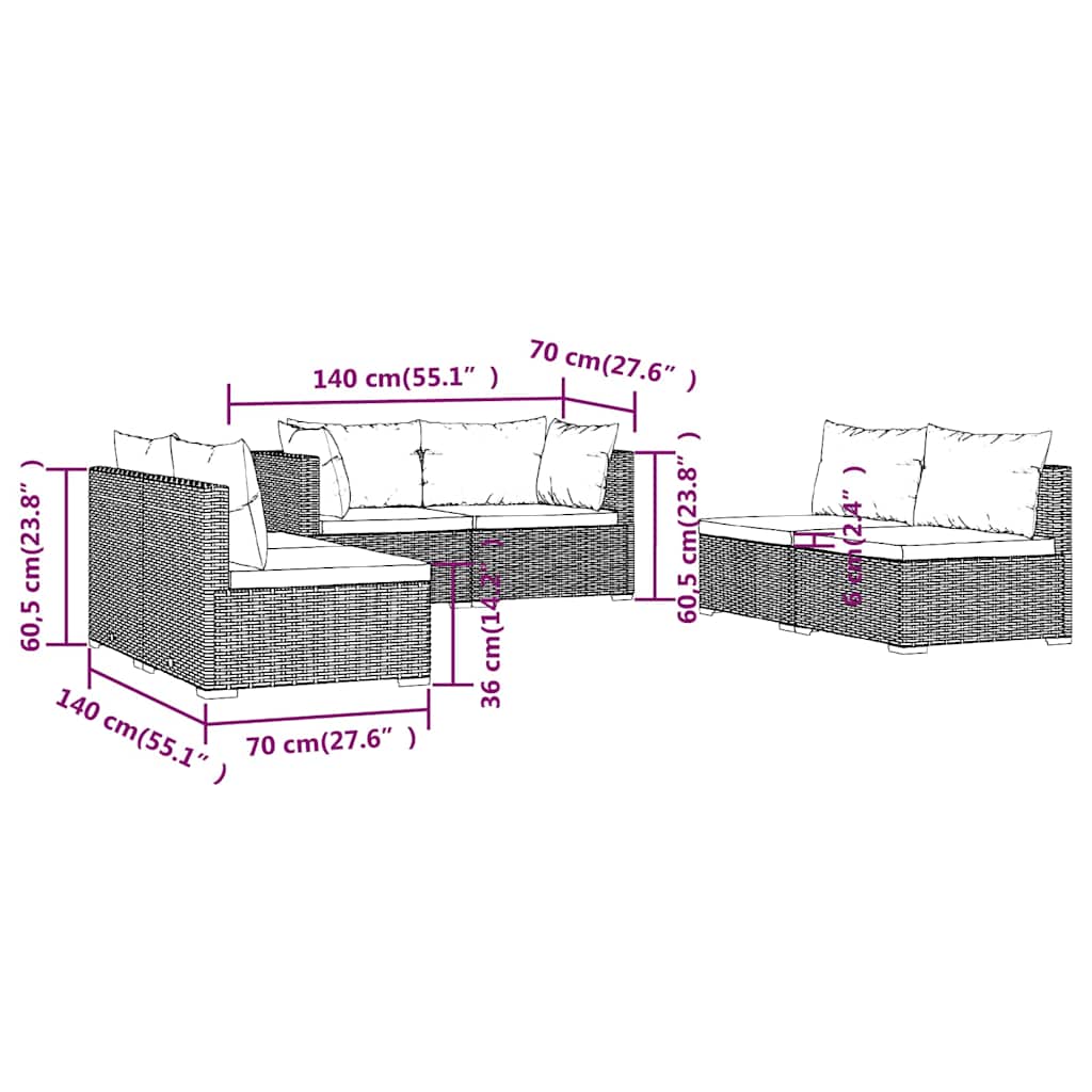 6 Piece Garden Lounge Set with Cushions Poly Rattan Grey