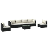 7 Piece Garden Lounge Set with Cushions Poly Rattan Black - Front View
