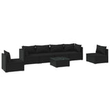 7 Piece Garden Lounge Set with Cushions Poly Rattan Black - Front View
