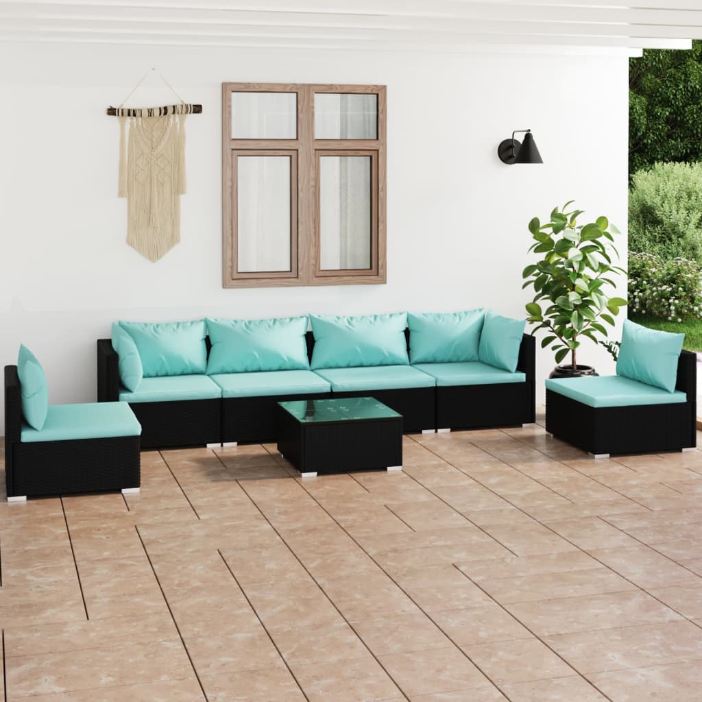 7 Piece Garden Lounge Set with Cushions Poly Rattan Black